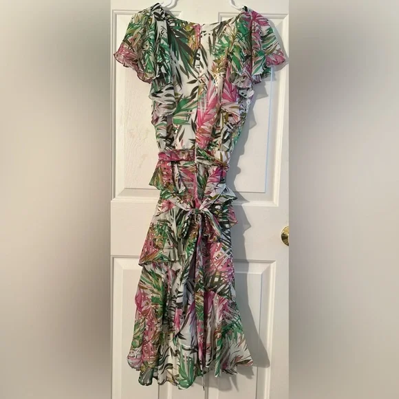 BADGLEY MISHKA 8 EASTER Resort Wedding Coastal Palm Ruffle Pink Green Maxi Dress - Picture 6 of 16
